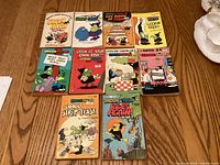 Front covers of all ten Broom Hilda paperback comic books laid out on table