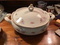 Top view of Mitterteich porcelain tureen with lid and handles showing floral pattern