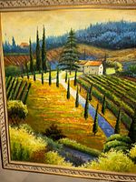 Full view of the vintage oil painting showing the Tuscan villa, vineyards, cypress trees, and ornate gold frame