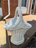 Photo of off-white concrete garden planter shaped like a woven Victorian basket with an arching handle, showing surface texture and minor wear.