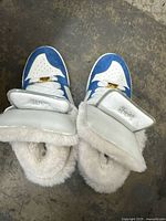 Top view of the sneakers showing the toe area, laces with gold-tone accents, and plush faux fur interior.