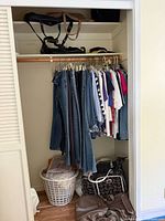 Full view of closet hanging clothing, bags on floor and shelf with purses