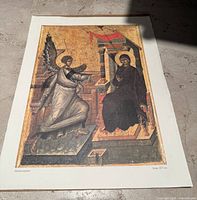 Full view of the vintage Annunciation icon print showing the angel and Virgin Mary with architectural background