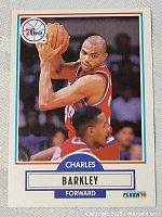 Front of the 1989-90 Fleer Charles Barkley basketball card showing player action image and card details