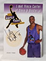 Full front view of Vince Carter promotional photo with autograph and numbered edition details.