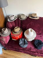All eight hats and two hat boxes arranged on red velvet sofa