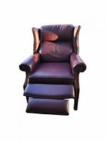 Front view of a brown leather Lane recliner chair with footrest extended showing overall condition and design details.