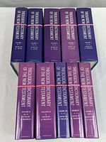 10 hardcover volumes with purple dust jackets titled Theological Dictionary of the New Testament, showing spines laid flat, arranged in order from volume I to X