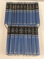 Front view of 19 hardcover books by Lockyer on Bible topics, arranged neatly in two rows showing spine titles and publisher Hendrickson.