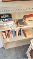 Shelf showing stacked and lined vintage books including "Papa," "The True Sea," and "A Land Remembered"