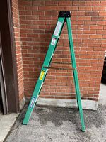 Full view of green fiberglass Werner FS206CA step ladder, 6 feet tall, standing in open A-frame position against brick wall.