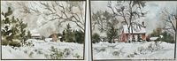 Pair of framed watercolour paintings showing winter farm scenes; one with a farmhouse and barn, the other with a red brick house. Both signed by artist M. Remington.