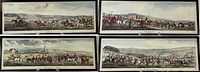 Four framed colored prints displayed together showing hunting scenes with riders and horses.
