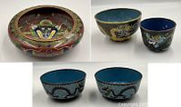 Group of 5 cloisonne dragon-themed bowls showing various designs and sizes