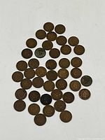 Top-down view of 42 American Indian Head pennies arranged on a white surface, showing various patinas and wear levels.