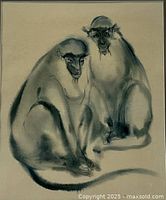 Close-up of the lithograph showing two seated monkeys in charcoal-like shading.