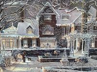 Close view of printed winter estate scene, child and dog