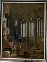 View of painting showing large gothic windows and architectural interior of church.