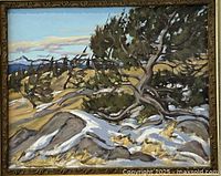 Close-up of central painted area showing rocky foreground, snow patches, pine tree and distant landscape