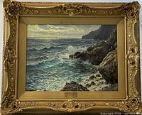 Full frontal view of painting in gilded frame against neutral background