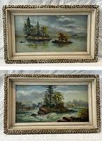 Close-up of the second painting showing a shoreline with trees and flowing water, focusing on painting detail and ornate frame.