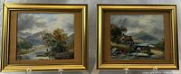 Two antique English landscape paintings side by side showing matching frames and mats
