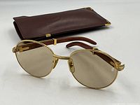 Gold-tone round sunglasses with brown tinted lenses in front of slip case