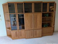 Full assembled view of the 5 piece wall unit showing center glass cabinet with wooden lower doors, side units, and corner shelving.