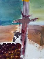 Close-up photo showing abstract acrylic painting details including purple cross shape and burgundy circular brush strokes.