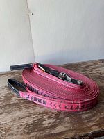 Photo of the pink Gibbon Classic Slackline strap coiled with ratchet attached, showing brand text.