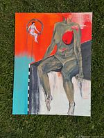 Full view of surrealist acrylic painting showing main figure and smaller figure inside ring on colorful abstract background.