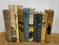 Photo of 10 vintage kids' books lined up upright showing spines and covers with titles visible.