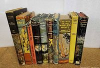Full view of the 10 vintage children's books showing various titles and colorful spines with some wear and tear.