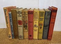 View of the spines showing ten vintage children's books with titles and author names visible, arranged side by side on a white background.