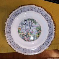 Single Royal Albert Silver Birch salad plate showing birch tree and floral scene with textured gold-trimmed rim.
