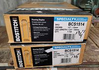 Two cardboard boxes labeled Bostitch Flooring Staples, SKU BCS1514. Each box lists 1/2 inch crown, 1 3/4 inch leg length, containing 7,720 staples.