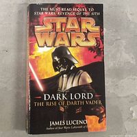 Front cover of Star Wars Dark Lord The Rise of Darth Vader book showing Darth Vader in dark armor with fiery background.