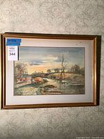 Full framed watercolor painting showing landscape with figure, house, trees, water in muted sunset colors.