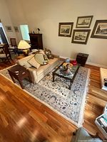 Wide shot of living room showing large vintage rug under furniture, light-colored with floral and vine pattern.