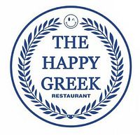 The Happy Greek Restaurant logo in blue and white with laurel wreath and a winking smiley face
