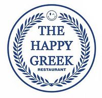 Logo for The Happy Greek Restaurant in blue, circular wreath design.