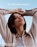 Promotional image for Hand & Stone Massage and Facial Spa, featuring a woman stretching with text 'It's self-care season!'