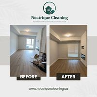 Before-and-after view of living room area showing cleaned floors and window area.