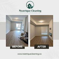 Before and after images showing a clean, empty living space with wooden floors and a clean window radiator area.