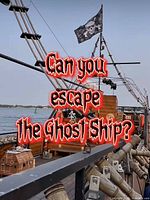 Exterior deck of pirate ship on water with skull-and-crossbones flag and treasure chest prop