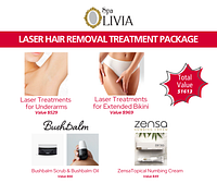 Promotional collage showing laser treatments for underarms and extended bikini, Bushbalm scrub & oil, Zensa numbing cream, total package value.