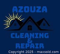 Logo of Azouza Cleaning & Repair company with black and blue design featuring a sun and house roofs symbolizing exterior repair services.