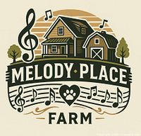 Logo of Melody Place Farm showing farmhouse, barn, musical notes, and trees.