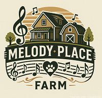 Logo of Melody Place Farm featuring house, barn, trees, and musical notes, representing brand identity.