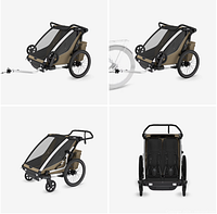 Four images of the Thule Chariot Cross 2 double stroller/trailer showing front, side and rear views with jogging wheel attached.